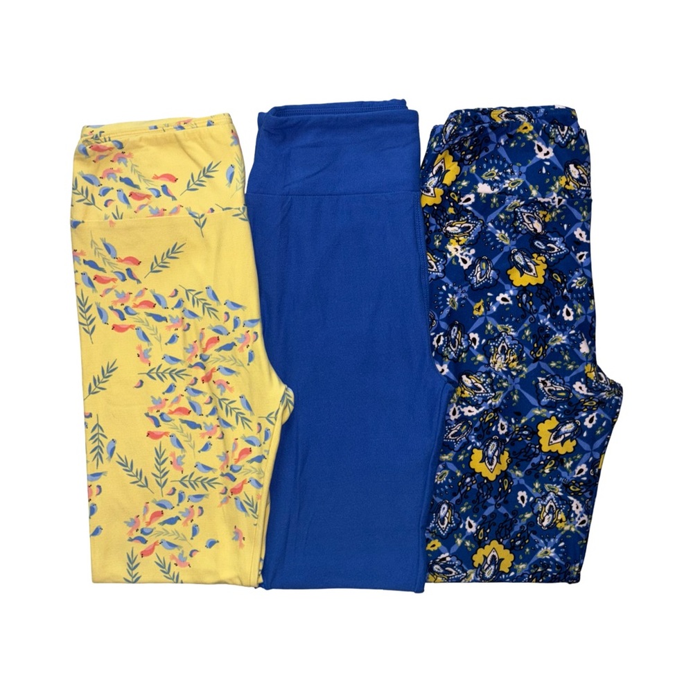 LuLaRoe Lot 3 Leggings One Size 2-10 Blue Solid Yellow Floral Green Birds Leaves